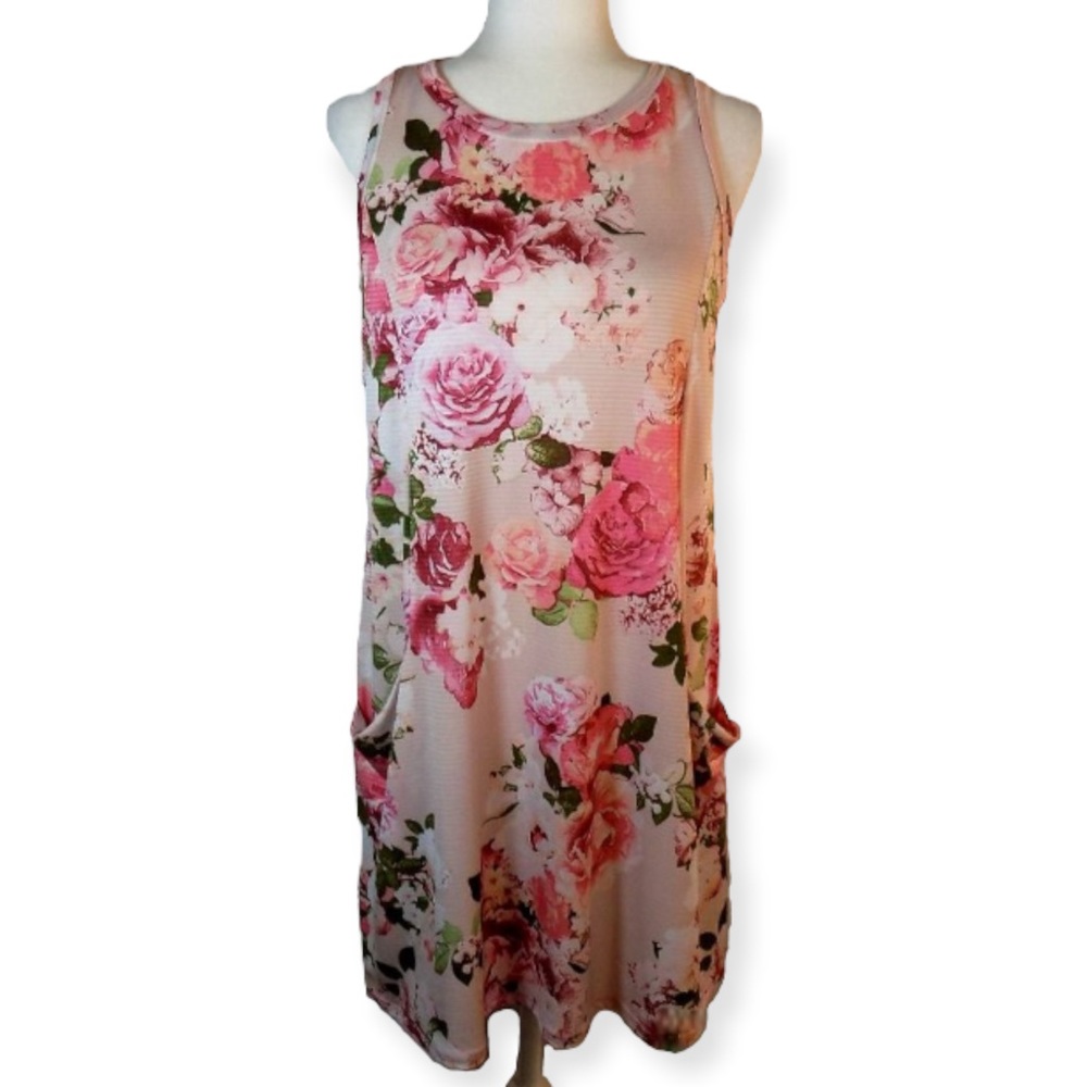 NWT Sun & Moon Pink Floral Mini Pullover Sleeveless Dress Pockets Size Medium